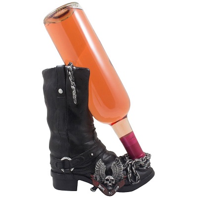 Decorative Black Motorcycle Biker Boot Liquor or Wine Bottle Holder Display Stand